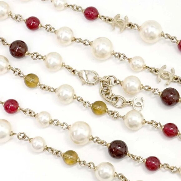 CHANEL CC Logos Red Rhinestone Pearl Long Necklace 42" Gold Tone A16K Auth w/Box - Picture 4 of 6